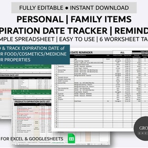 Op de afbeelding: Een digitale spreadsheet-sjabloon voor het bijhouden van vervaldatums van persoonlijke en gezinsartikelen. De spreadsheet heeft zes tabbladen: Lijst met vervaldatums van eigendommen, Lijst met vervaldatums van producten, Datumherinnering, Alles en twee extra tabbladen. De spreadsheet is ontworpen voor gebruik met Microsoft Excel en Google Sheets.
