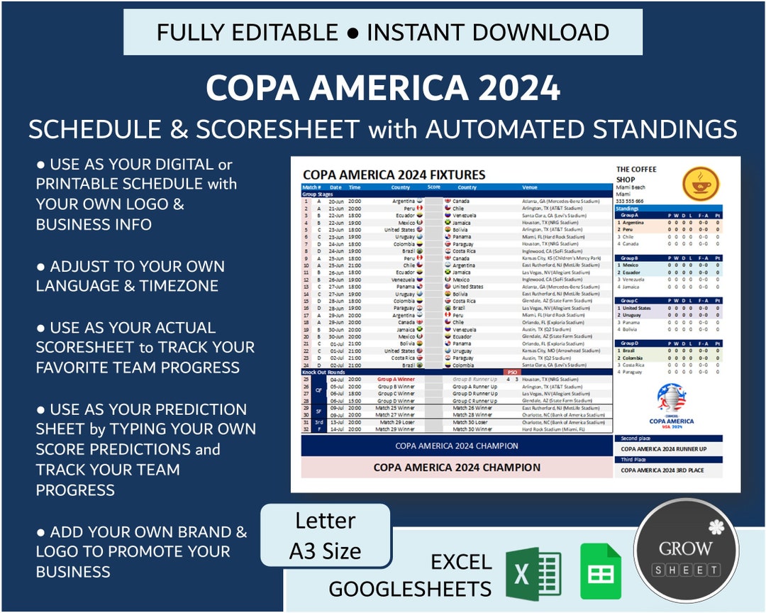 Copa America 2024 Schedule and Scoresheet With Automated Standings for