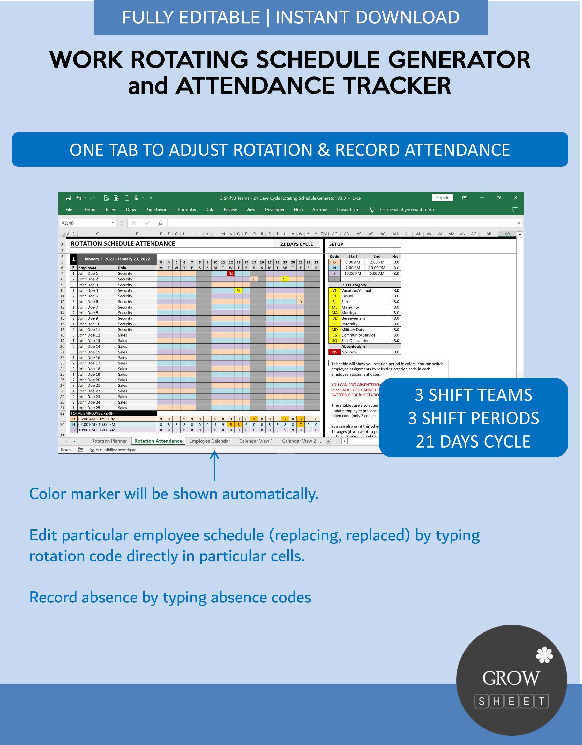Work Rotating Generator Template and Attendance Tracker Automated ...