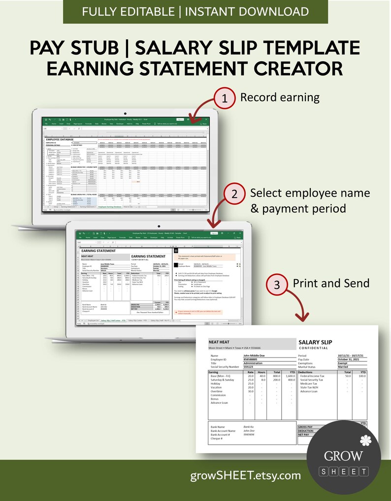 Pay Stub Generator | Salary Slip Creator with Hourly Employee Database | Weekly Pay Period | Payroll Manager for Excel and Googlesheets image 4