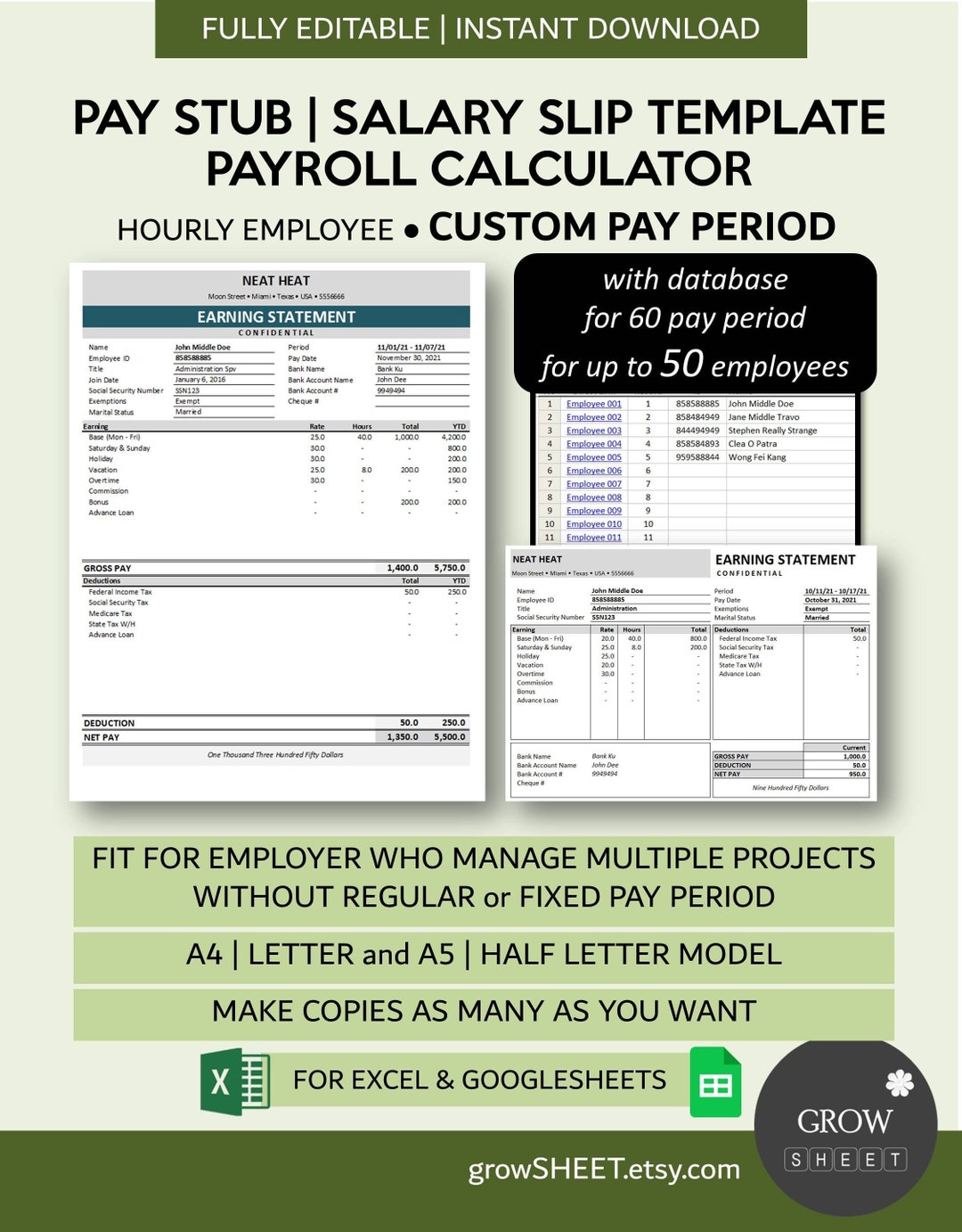 Pay Stub Generator With Database | Pay Slip Creator for Hourly Employee ...