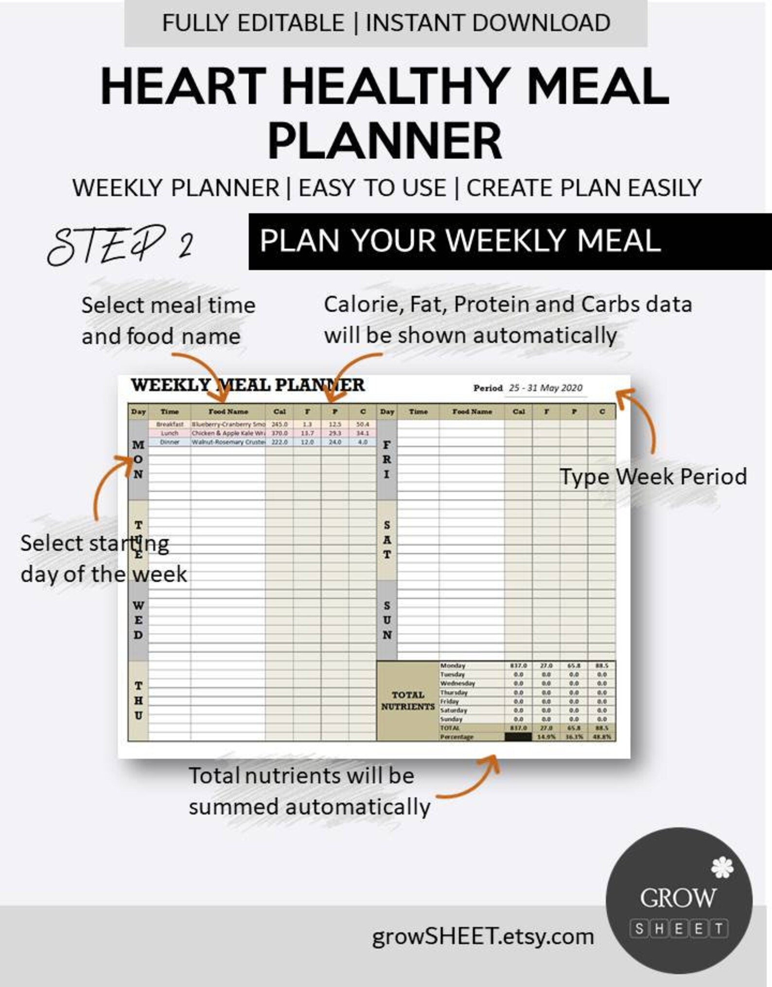 Heart Healthy Meal Planner Excel Template Fully Editable Weekly Cardiac Diet Planner With Meal