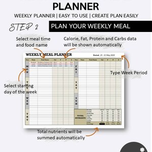 May include: A printable heart-healthy meal planner with a weekly calendar layout. The planner includes columns for meal time, food name, calories, fat, protein, and carbs. The planner is fully editable and includes a section for total nutrients.