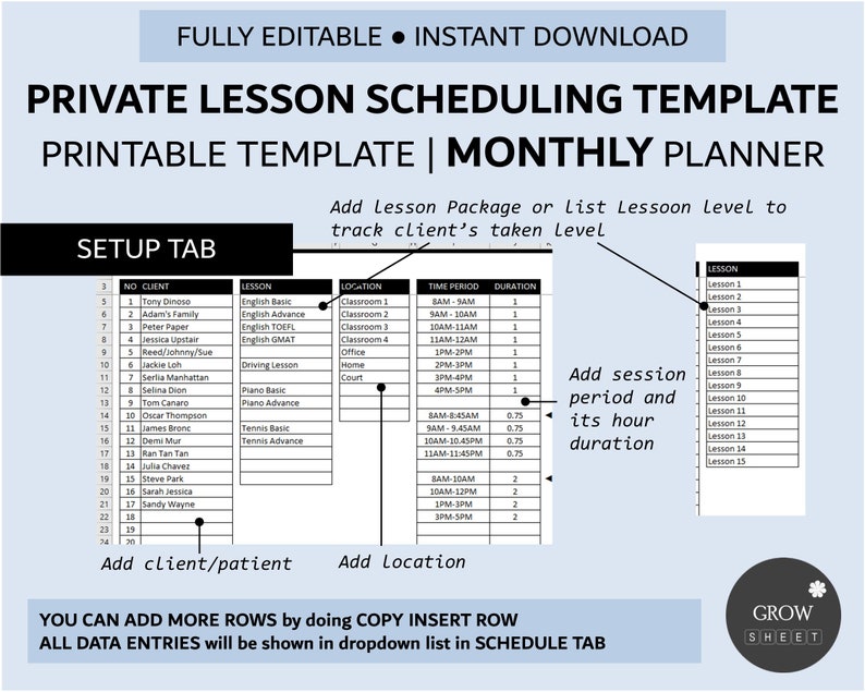 Private Lesson Scheduling Template for Excel and Google Sheets ...