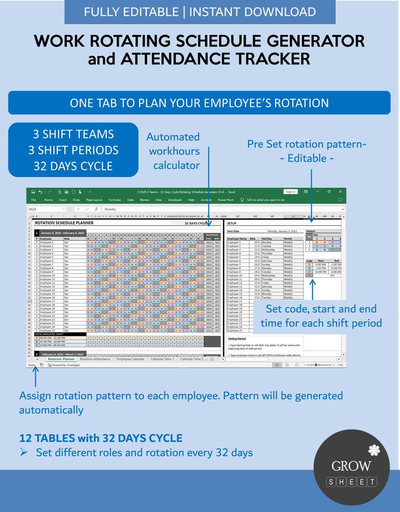Work Rotating Generator Template and Attendance Tracker | Automated ...