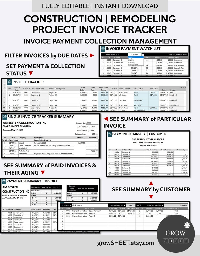 Construction Project Invoice Payment Tracker and Collection Management | Remodeling & Renovation Receivable Manager | Excel and Googlesheets image 2