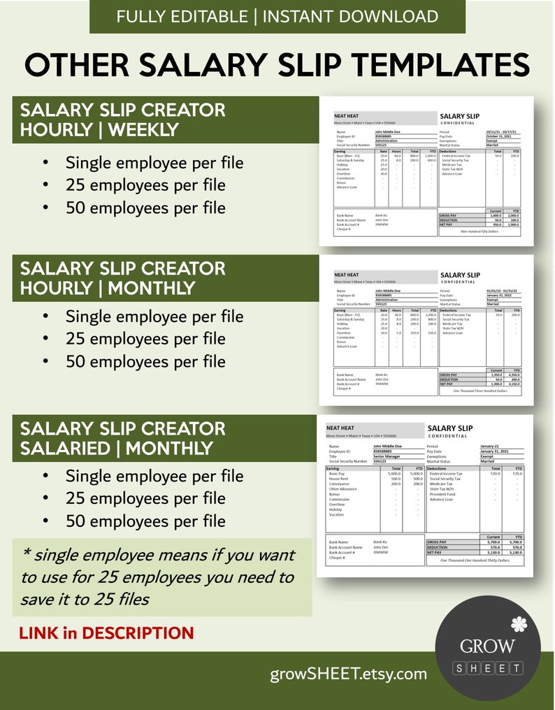 Pay Stub Generator | Salary Slip Creator with Hourly Employee Database | Weekly Pay Period | Payroll Manager for Excel and Googlesheets image 9