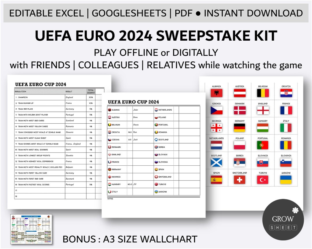 Euro 2024 Sweepstake Kit Football Tournament Fun Game Printable UEFA