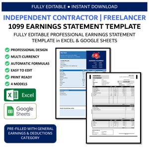 May include: A digital earnings statement template for independent contractors and freelancers, compatible with Excel and Google Sheets. The document features blue and white sections, clear tables for income and deductions, and text labels including 'Earnings Statement', 'Professional Design', and 'Multi Currency'.
