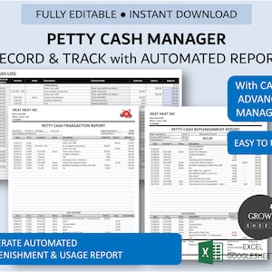 Może przedstawiać: Drukowany szablon arkusza kalkulacyjnego do zarządzania drobnymi pieniędzmi w czarno-białym designie. Szablon zawiera dziennik drobnych pieniędzy, raport transakcji drobnych pieniędzy i raport uzupełniania drobnych pieniędzy. Szablon jest w pełni edytowalny i zawiera automatyczne raporty. Szablon jest kompatybilny z programem Excel i Arkuszami Google.