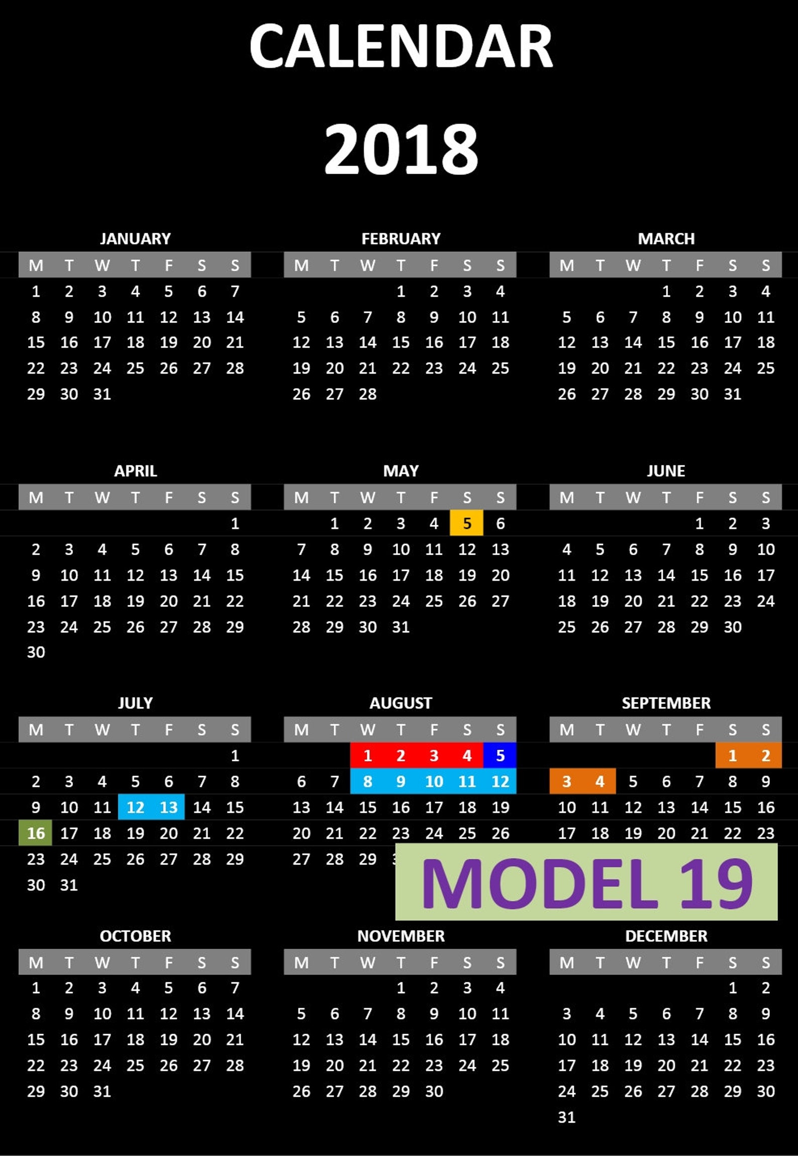 Any Year Event Calendar Excel Template Automated Color Markers for