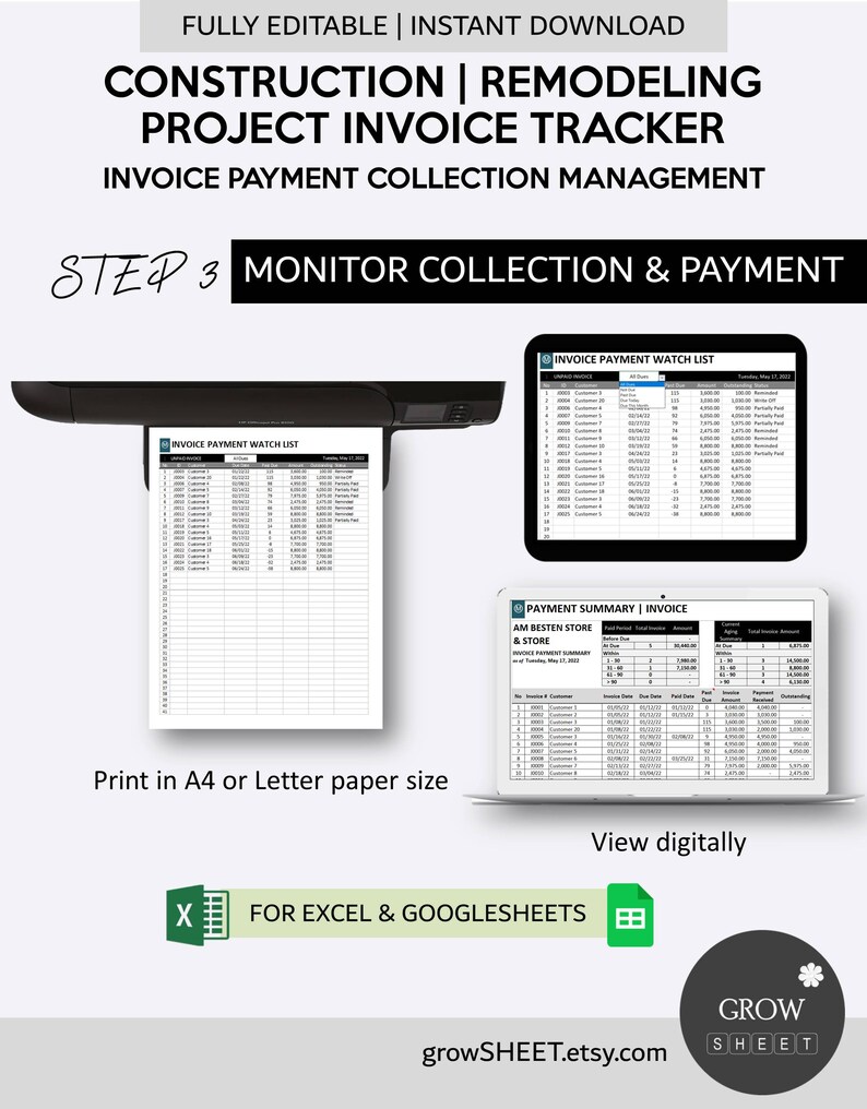Construction Project Invoice Payment Tracker and Collection Management | Remodeling & Renovation Receivable Manager | Excel and Googlesheets image 5