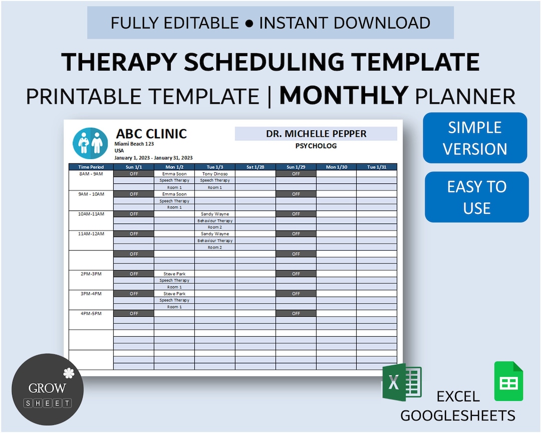 Therapy Scheduling Template for Excel and Google Sheets Printable One Therapy Scheduling Template for Excel and Google Sheets Printable One