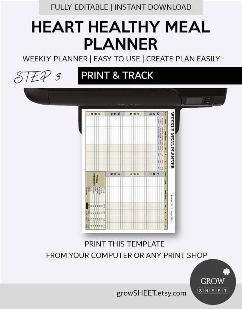 May include: A printable heart healthy meal planner template. The template is designed to help you plan your meals for the week and track your nutritional intake. It includes a section for breakfast, lunch, dinner, and snacks, as well as a section for tracking your total daily nutrients. The template is available for instant download and is fully editable.
