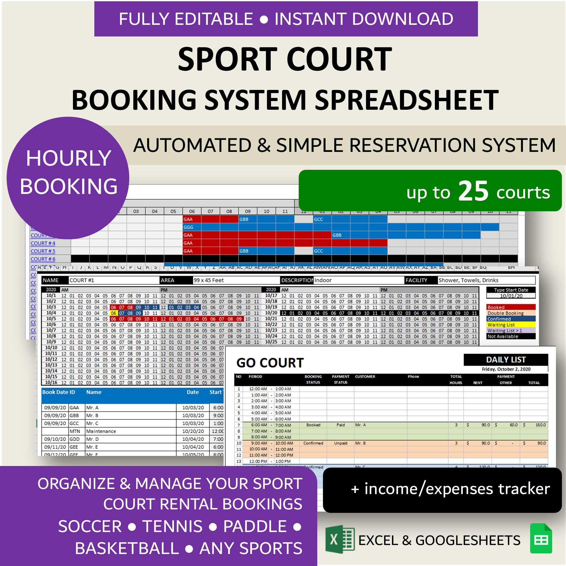 Sport Court Booking System Template | Tennis - Football - Basketball Court Hourly Rental Reservation Manager | XL | GSheets | 25 Courts