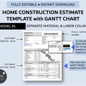 Puede incluir: Una plantilla de presupuesto de construcci&oacute;n de viviendas imprimible con un diagrama de Gantt. La plantilla incluye una secci&oacute;n de presupuesto de trabajo con un costo total de $ 12.980.8, un &aacute;rea de informaci&oacute;n del cliente y un &aacute;rea de transacci&oacute;n de presupuesto. El diagrama de Gantt tiene 12 columnas para per&iacute;odos de fechas semanales, quincenales o mensuales. La plantilla es totalmente editable e incluye columnas separadas para materiales y mano de obra.