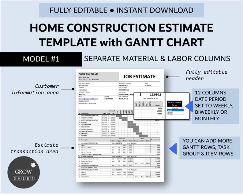 Puede incluir: Una plantilla de presupuesto de construcci&oacute;n de viviendas imprimible con un diagrama de Gantt. La plantilla incluye una secci&oacute;n de presupuesto de trabajo con un costo total de $ 12.980.8, un &aacute;rea de informaci&oacute;n del cliente y un &aacute;rea de transacci&oacute;n de presupuesto. El diagrama de Gantt tiene 12 columnas para per&iacute;odos de fechas semanales, quincenales o mensuales. La plantilla es totalmente editable e incluye columnas separadas para materiales y mano de obra.