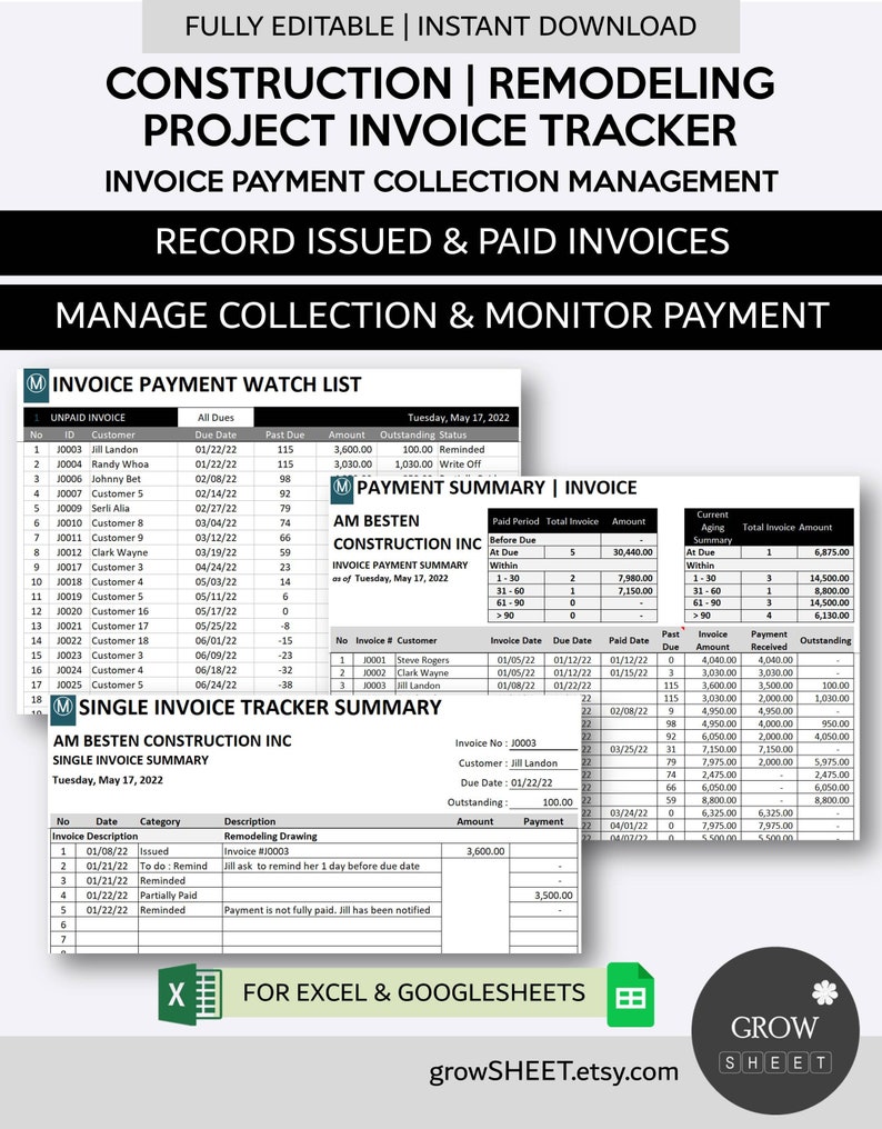 Construction Project Invoice Payment Tracker and Collection Management | Remodeling & Renovation Receivable Manager | Excel and Googlesheets image 1