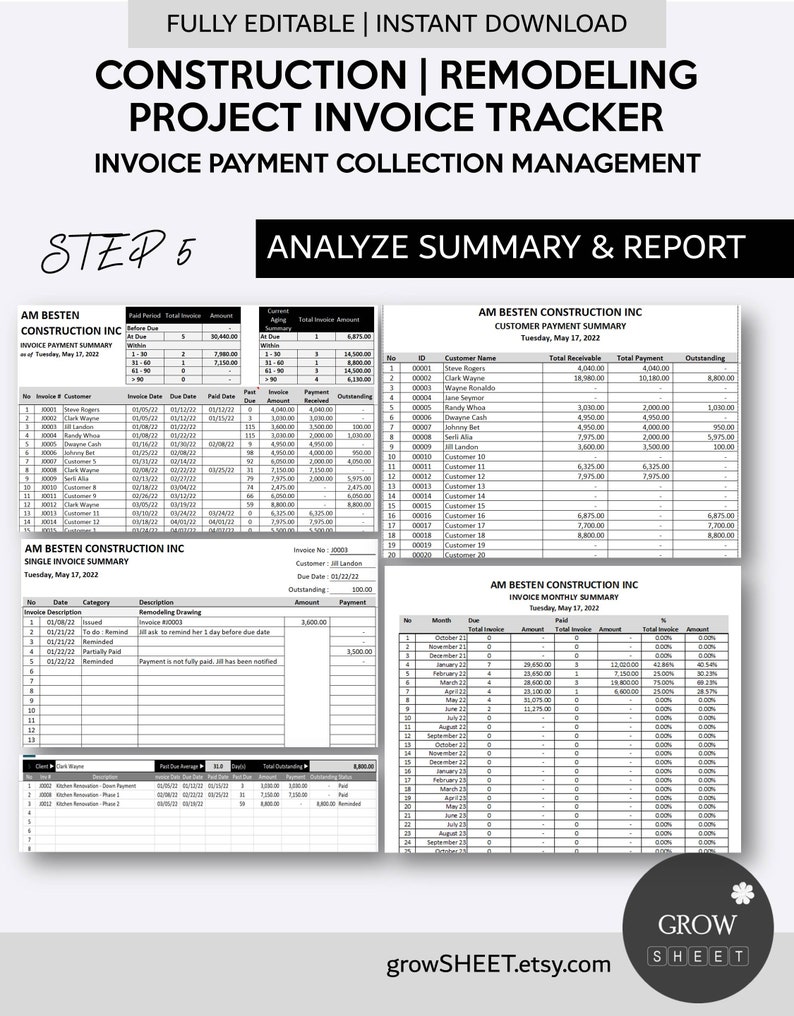 Construction Project Invoice Payment Tracker and Collection Management | Remodeling & Renovation Receivable Manager | Excel and Googlesheets image 7