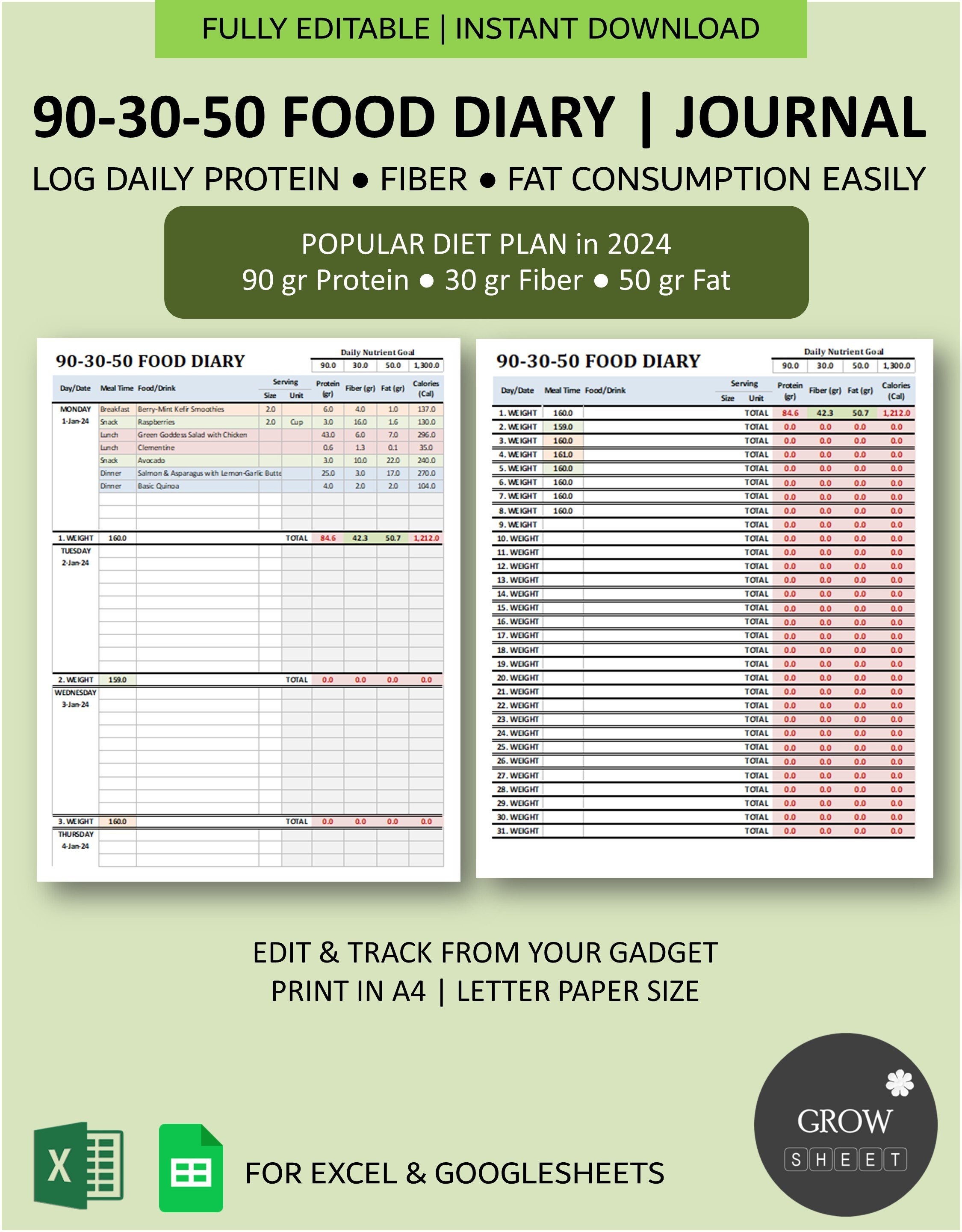 90-30-50 Food Diary | Daily Food Journal With Nutrient