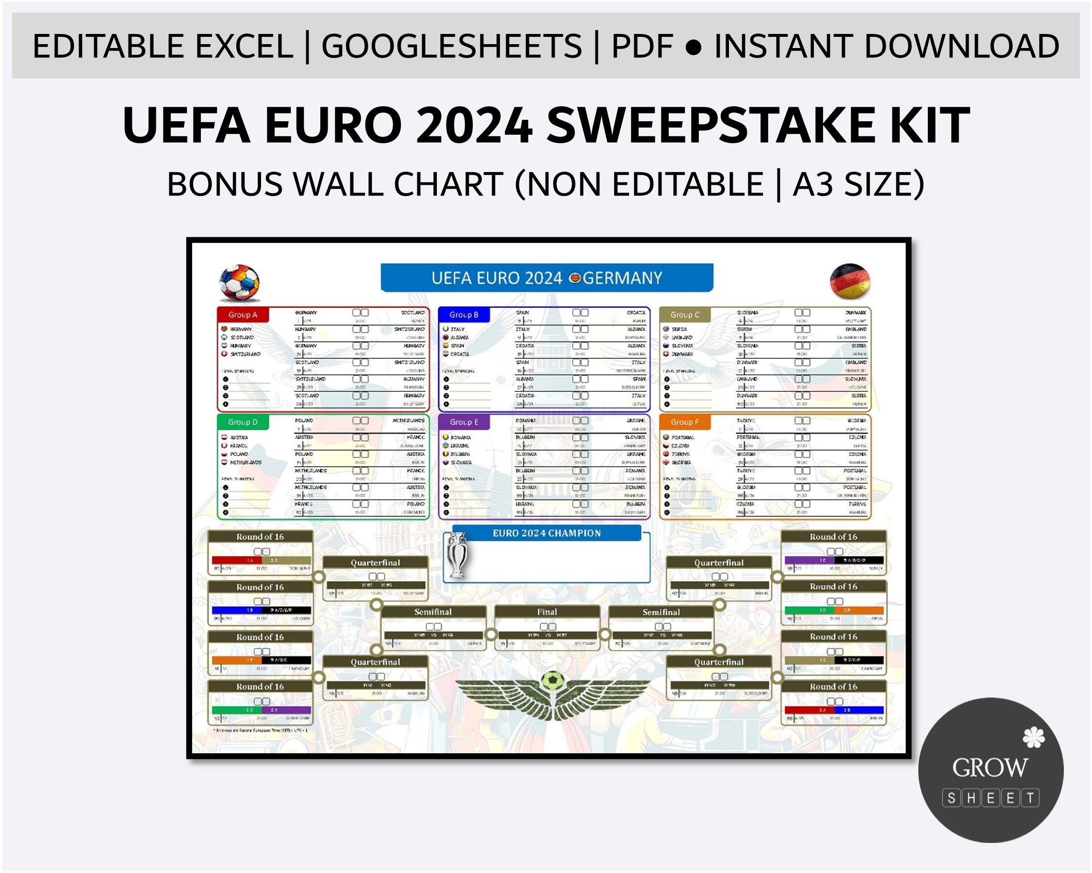Euro 2024 Sweepstake Kit Football Tournament Fun Game Printable UEFA