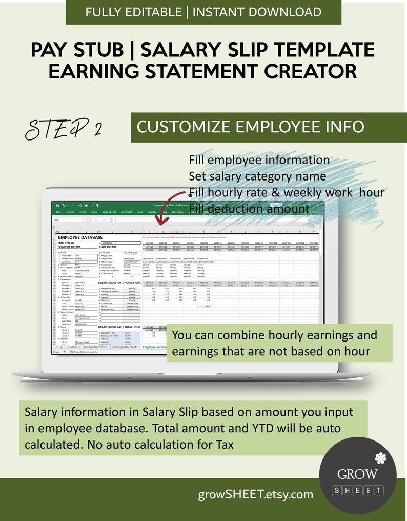Pay Stub Generator | Salary Slip Creator with Hourly Employee Database | Weekly Pay Period | Payroll Manager for Excel and Googlesheets image 6