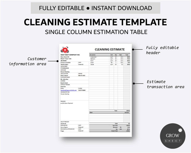 Printable Cleaning Estimate Template for Excel and Google Sheets | Work ...