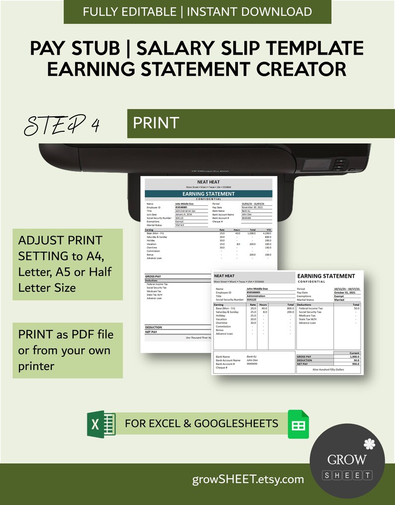 Pay Stub Generator | Salary Slip Creator with Hourly Employee Database | Weekly Pay Period | Payroll Manager for Excel and Googlesheets image 8