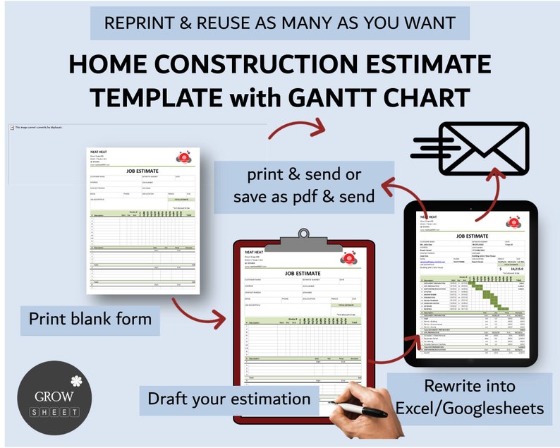 Puede incluir: Una ilustraci&oacute;n digital que muestra c&oacute;mo usar una plantilla de estimaci&oacute;n de construcci&oacute;n de viviendas con un diagrama de Gantt. La plantilla se muestra en tres etapas: 1) imprimir un formulario en blanco, 2) redactar su estimaci&oacute;n y 3) volver a escribir en Excel/Google Sheets. La plantilla incluye una estimaci&oacute;n de trabajo y un diagrama de Gantt.