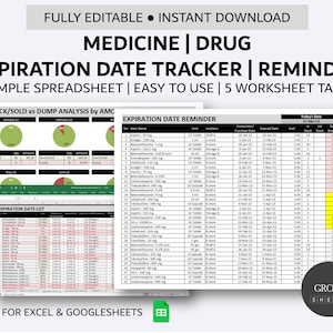 May include: A spreadsheet template for tracking medication expiration dates. The spreadsheet has five tabs, including a stock/sold vs dump analysis, an expiration date list, and an expiration date reminder. The template is fully editable and can be used with Excel or Google Sheets.