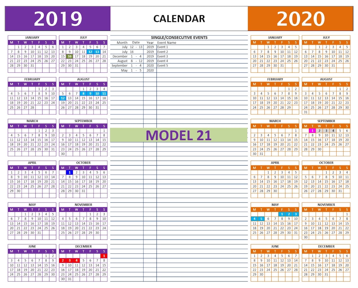 Any Year Event Calendar Excel Template Automated Color Markers for ...