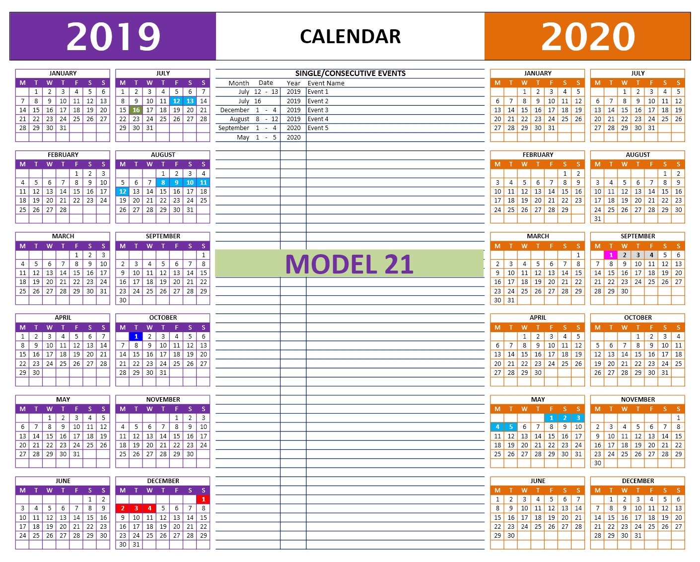 Any Year Event Calendar - Excel Template | Automated Color Markers for ...