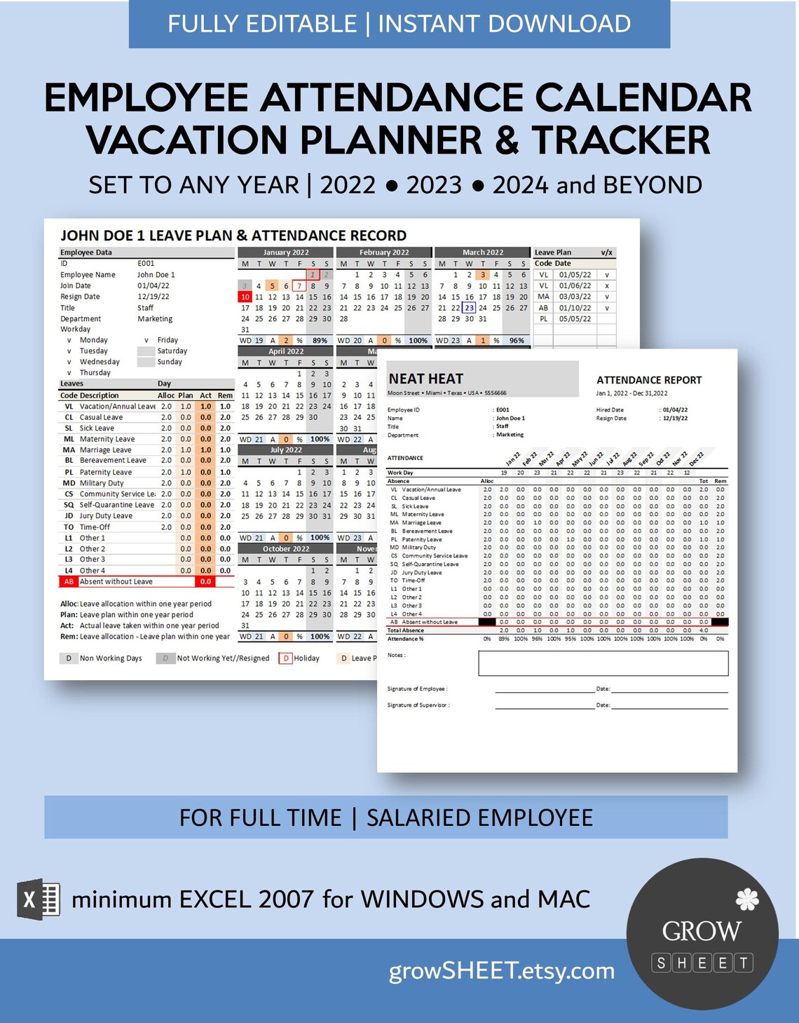 Employee Attendance Calendar 2022 2023 2024 and Beyond - Etsy Norway