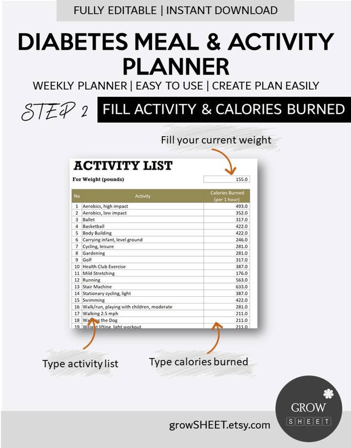 Diabetes Meal and Activity Planner Excel Template Fully Editable Weekly