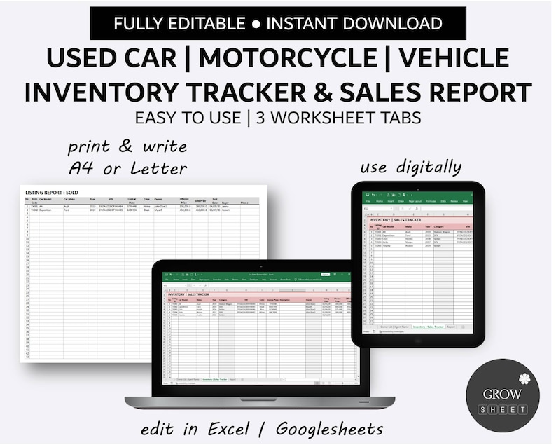 Used Car Inventory and Sales Tracker Vehicle Listing Management Simple Inventory Database Excel Google Sheets image 6