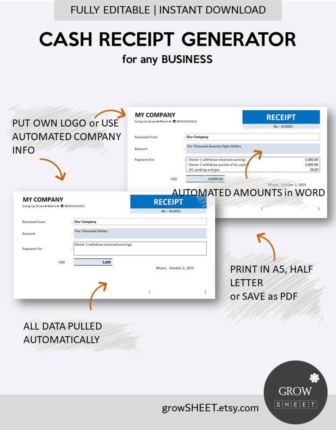 Cash Receipt Generator for Small Business Cash Receipt Etsy