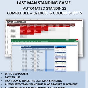 May include: A digital spreadsheet for the World Cup 2026 Last Man Standing game. The image shows automated standings compatible with Excel and Google Sheets. Features include player leaderboards, team tracking, and automated calculations. Text on the image says "Fully Editable | Instant Download".