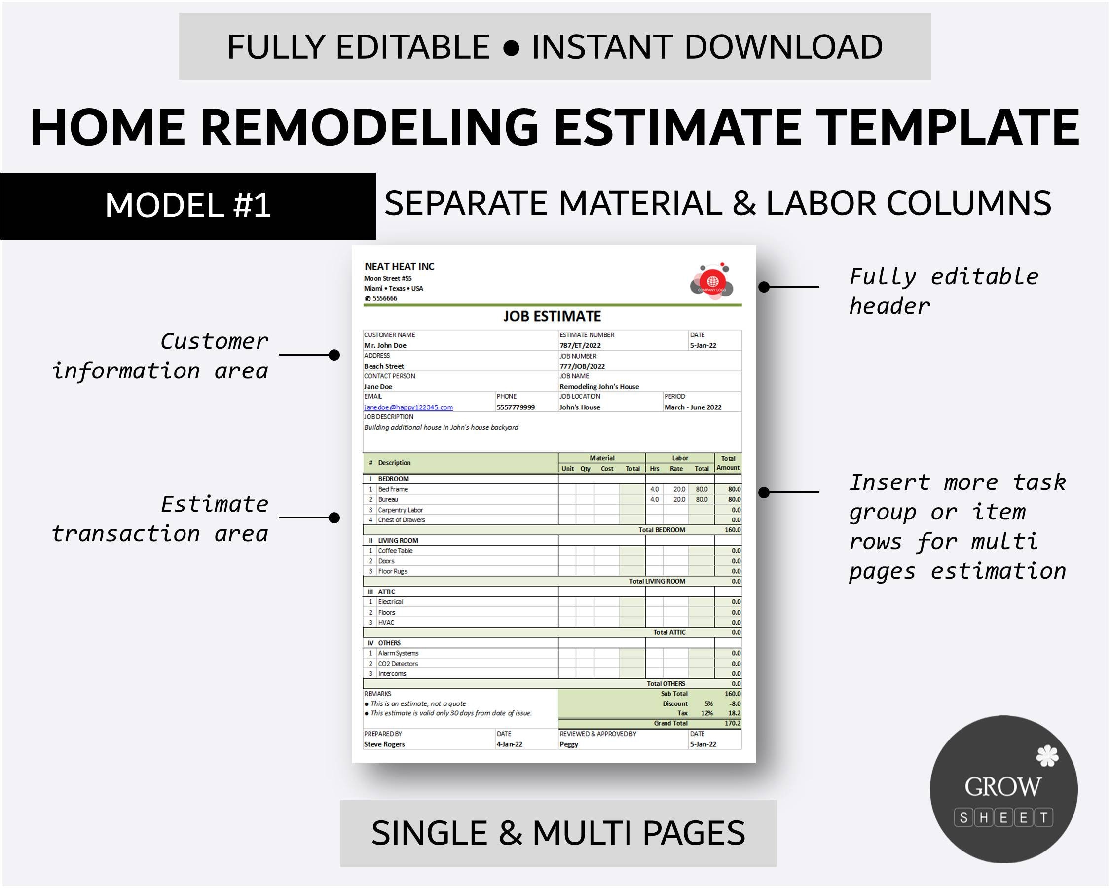 Printable Home Remodeling Estimate Template Job Estimate Etsy Printable Home Remodeling Estimate Template Job Estimate Etsy