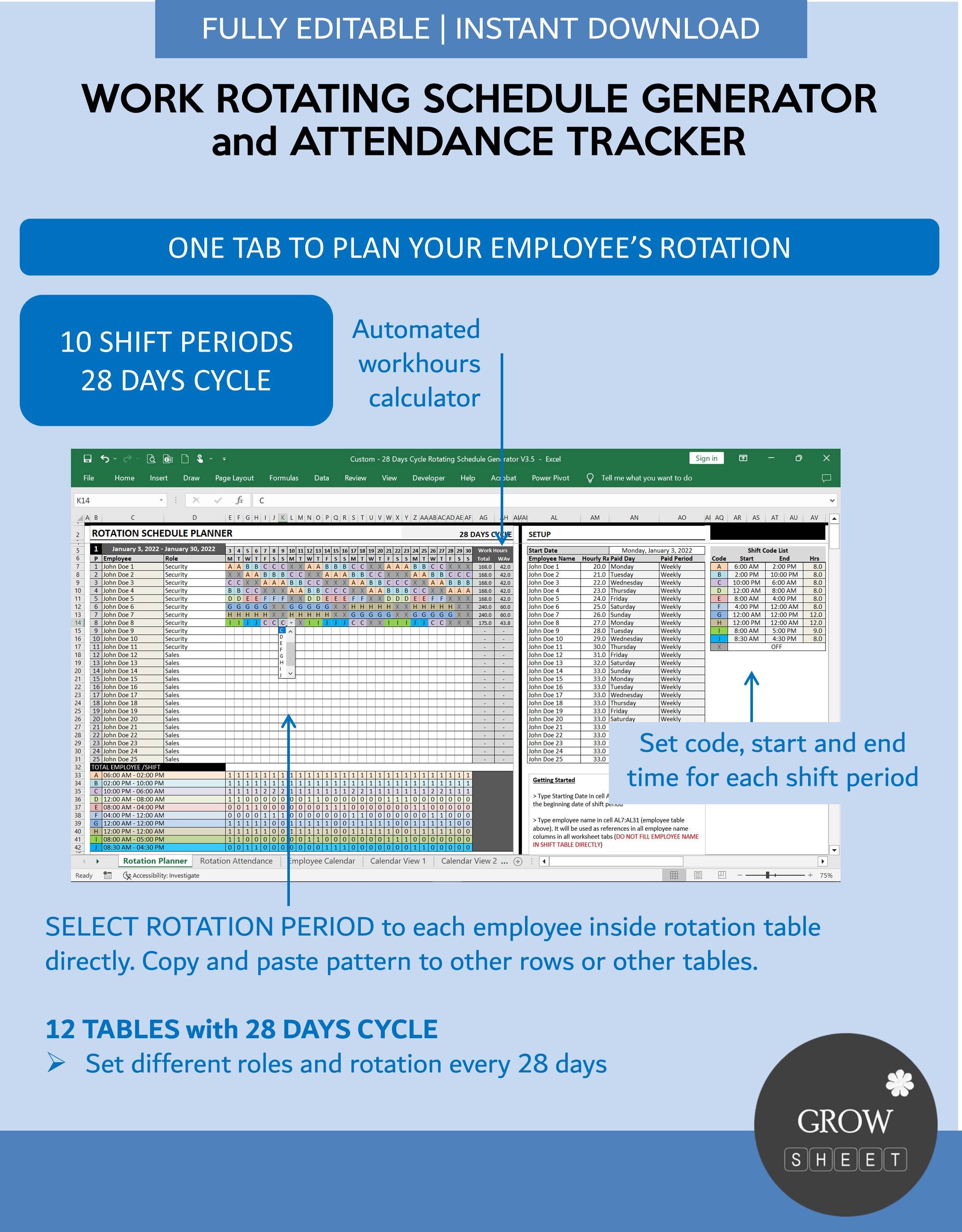 Work Rotating Generator Template and Attendance Tracker | Automated ...