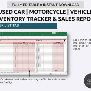 Used Car Inventory and Sales Tracker Vehicle Listing Management Simple Inventory Database Excel Google Sheets image 5