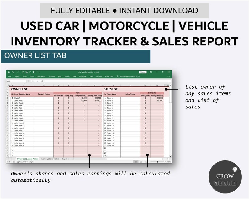 Used Car Inventory and Sales Tracker Vehicle Listing Management Simple Inventory Database Excel Google Sheets image 5