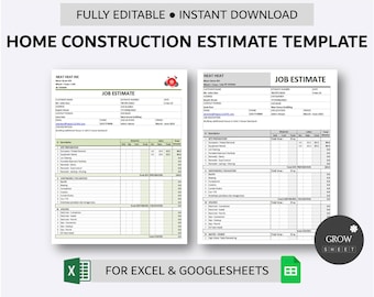 Home Construction Estimate Template | Printable Construction Estimate Form for Excel and Google Sheets | Job Estimate Spreadsheet