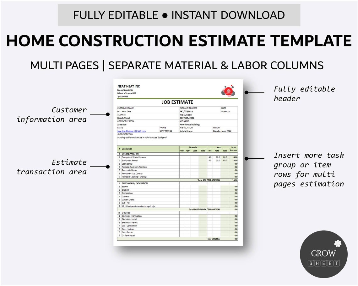 Home Construction Estimate Template | Printable Construction Estimate ...
