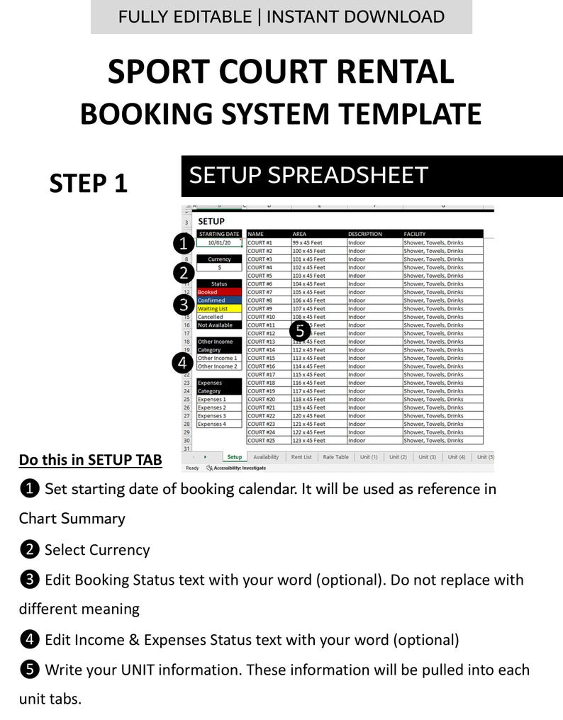 Sport Court Booking System Template | Half-Hourly Court Rental Reservation Manager | Excel | Googlesheet | 25 Courts image 6