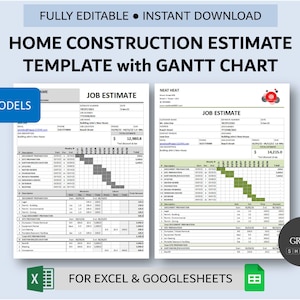 Puede incluir: Una plantilla digital para estimaciones de construcci&oacute;n de viviendas con un diagrama de Gantt. La plantilla est&aacute; dise&ntilde;ada para su uso con Excel y Google Sheets. La imagen muestra dos versiones diferentes de la plantilla, cada una con un esquema de color diferente. La plantilla incluye secciones para los detalles del trabajo, una descripci&oacute;n del trabajo, un cronograma y un desglose de costos. La plantilla tambi&eacute;n incluye un diagrama de Gantt para ayudar a visualizar la l&iacute;nea de tiempo del proyecto.
