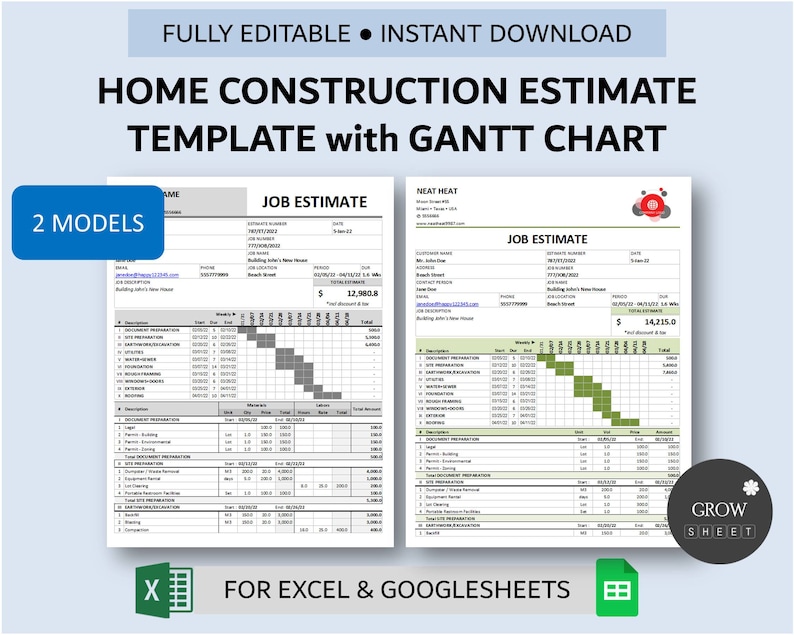 Puede incluir: Una plantilla digital para estimaciones de construcci&oacute;n de viviendas con un diagrama de Gantt. La plantilla est&aacute; dise&ntilde;ada para su uso con Excel y Google Sheets. La imagen muestra dos versiones diferentes de la plantilla, cada una con un esquema de color diferente. La plantilla incluye secciones para los detalles del trabajo, una descripci&oacute;n del trabajo, un cronograma y un desglose de costos. La plantilla tambi&eacute;n incluye un diagrama de Gantt para ayudar a visualizar la l&iacute;nea de tiempo del proyecto.