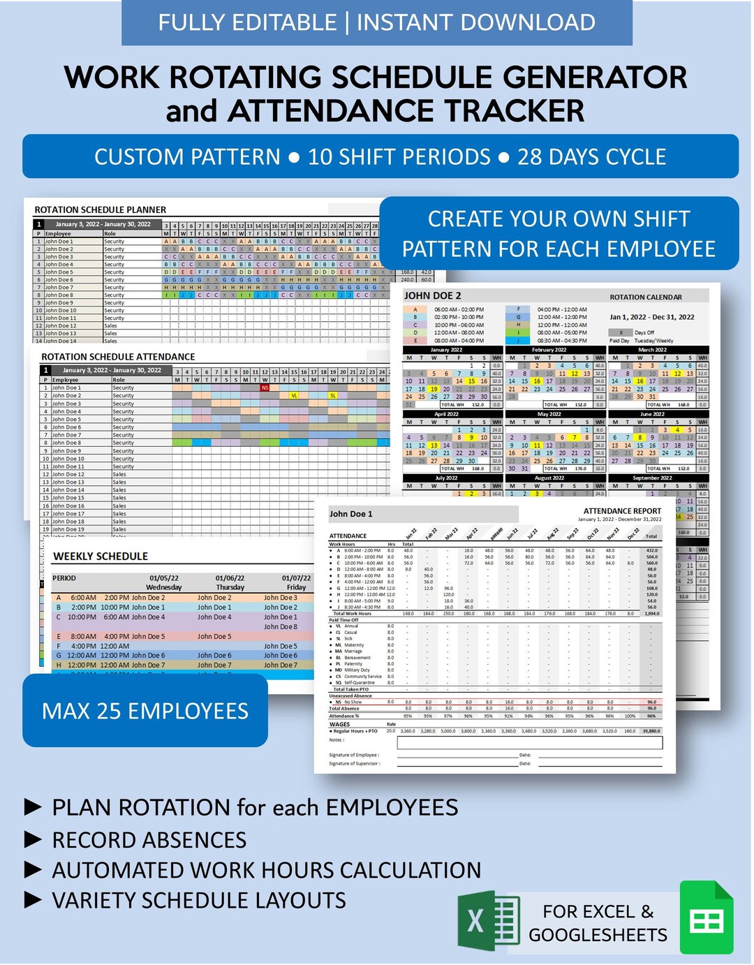 Work Rotating Generator Template and Attendance Tracker Automated 