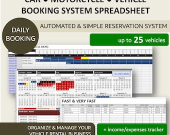 Car Rental Daily Booking Template | Auto Rental Reservation Template | Vehicle Rental Booking Management | Excel | GSheets | 25 Vehicles