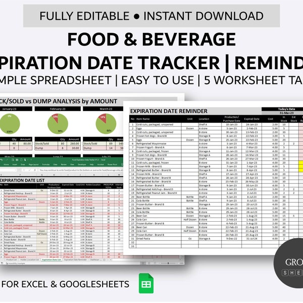 Suivi de la date d'expiration des aliments et des boissons | Base de données d'inventaire simple avec rappel de date d'expiration | Excel | Feuilles Google