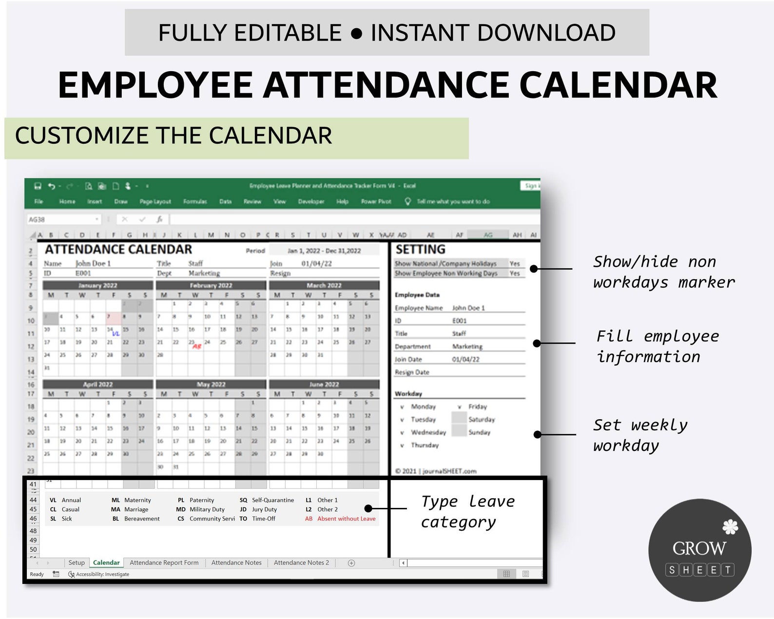 Printable Employee Attendance Calendar | Custom Attendance Calendar ...